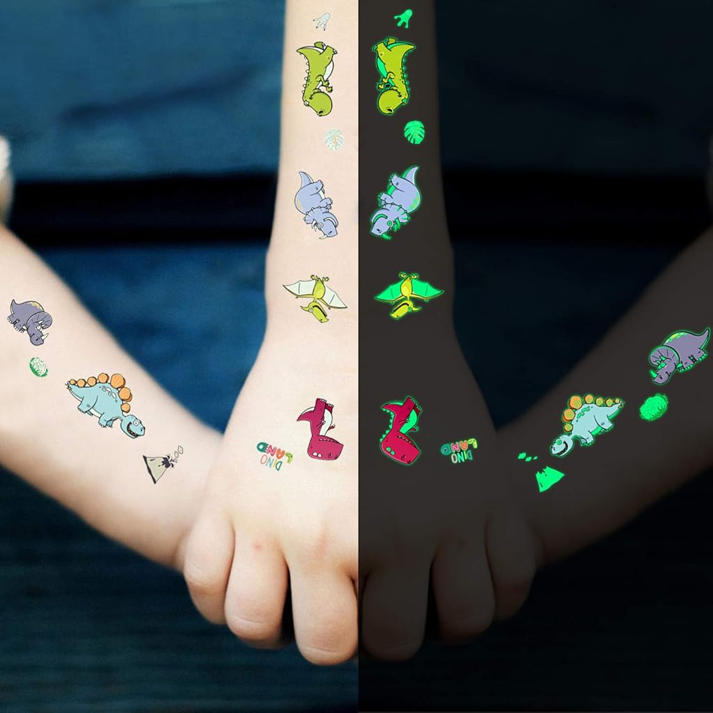MAYCREATE 20 Sheets Waterproof Cartoon Fake Tattoo Sticker Glow in The Dark Unicorn Mermaid Outspace Dinosaur Tattoo, Boys Girls Party Supplies Gift