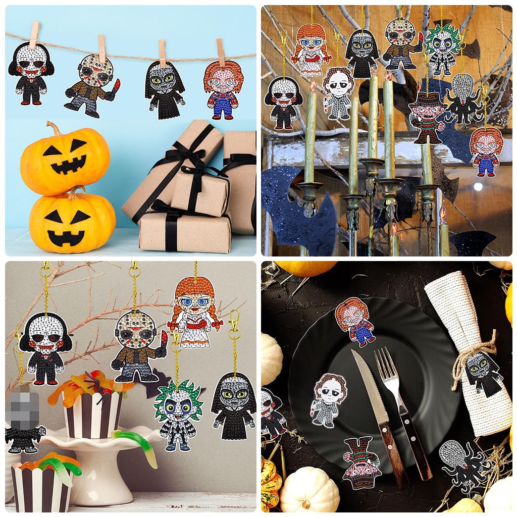 PATPAT 10Pcs Halloween Diamond Art Keychains Horror Movie DIY Diamond Keychain Scary Stuff Halloween Gifts for