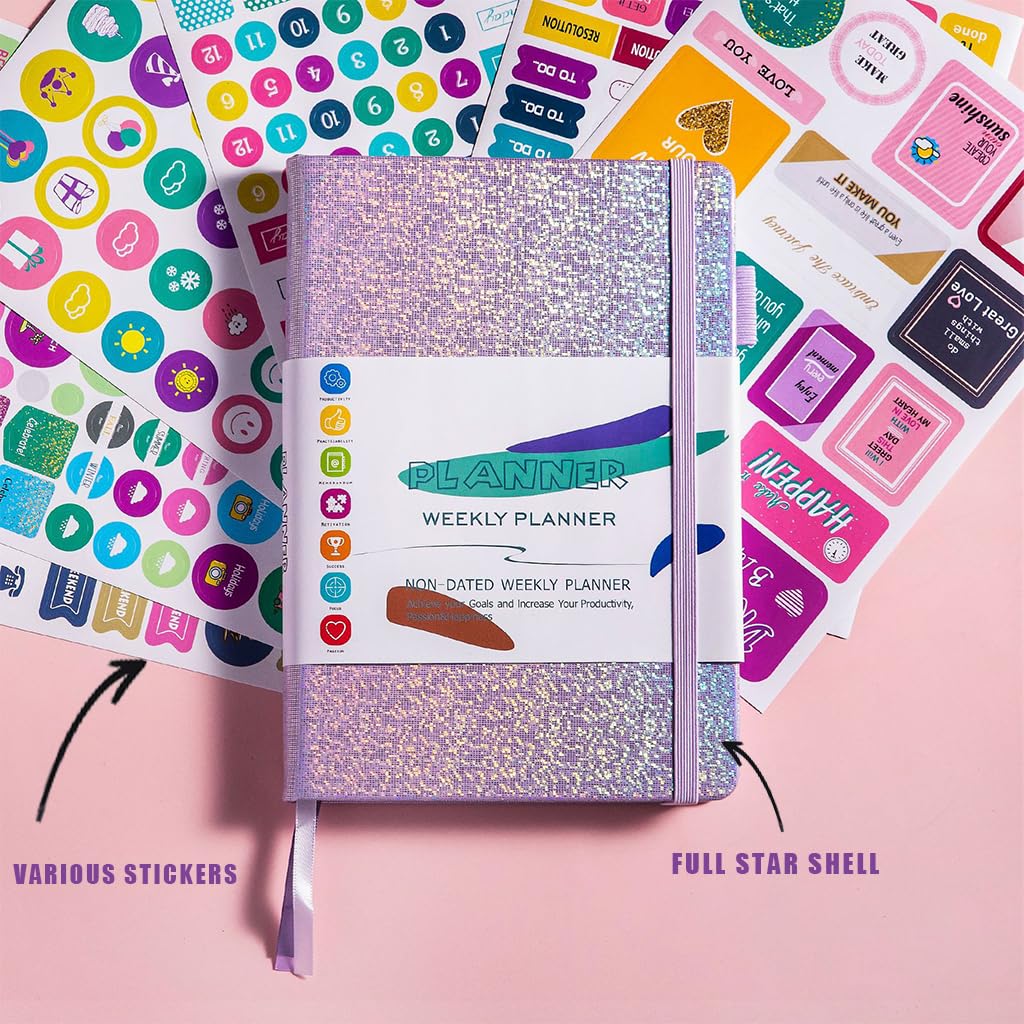 HASTHIP Weekly Planner A5 Notebook with Color Lable Stickers, Undated Weekly, Monthly, Yearly Planner Sparkling Hard Cover Schedule Planner To-Do-List Planer Budget Planner