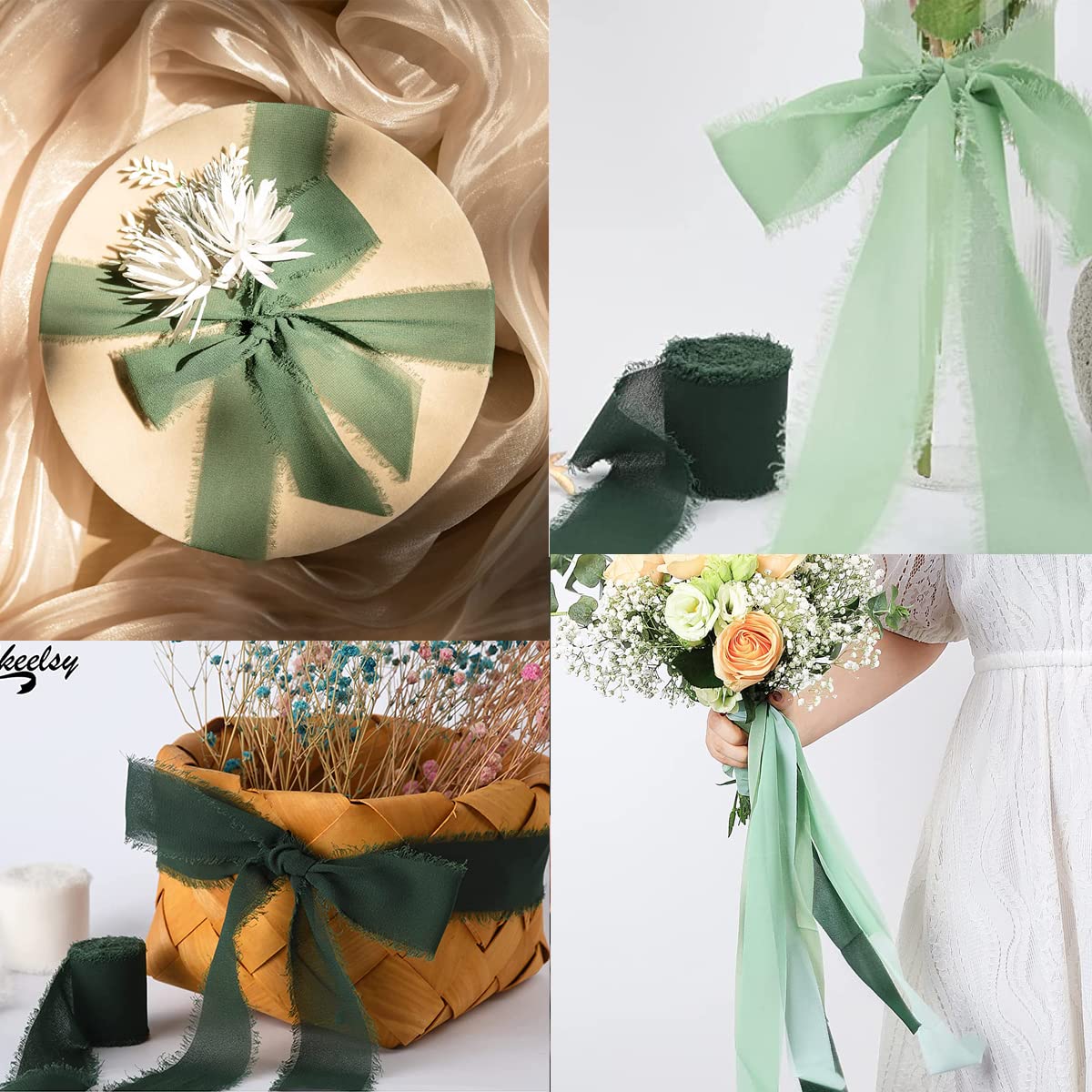 HASTHIP 3 Rolls Chiffon Ribbon Fringe Chiffon Silk-Feel Ribbons, Cream & Green Ribbons Set for DIY Craft, Wedding Decoration, Bridal Bouquets, Gifts Wrapping (1.5