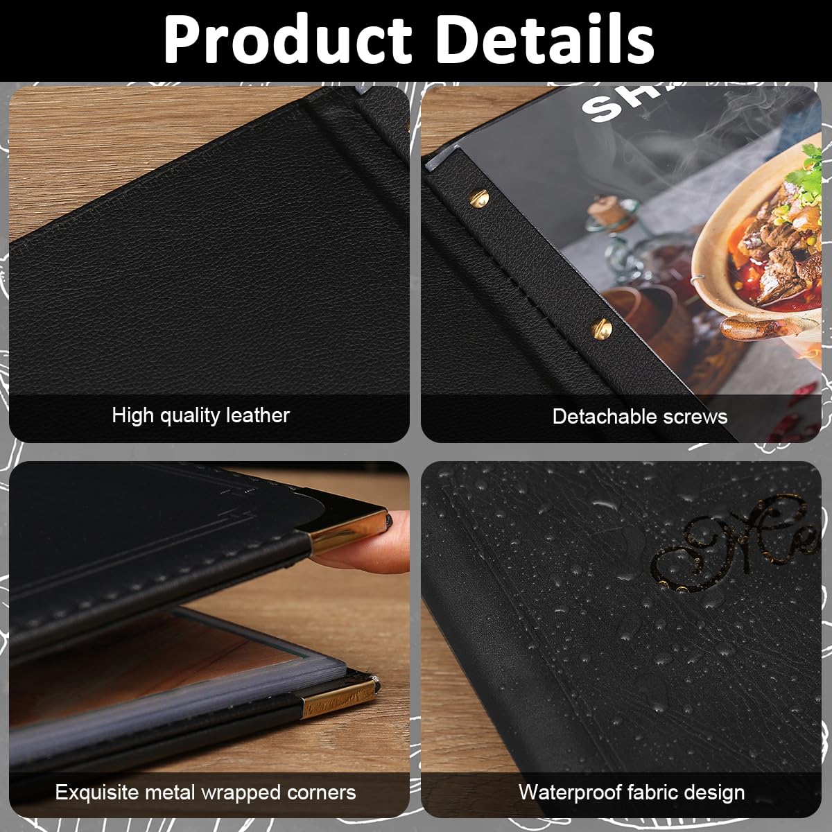 Serplex Menu Cover High Class Leather Hard Cover Menu Cover with Golden Corner Protectors A4 Size 7-Sheet Double Side Transparent PVC Menu Cover Oil-proof Menu Cover, 12.6x9.8 inches