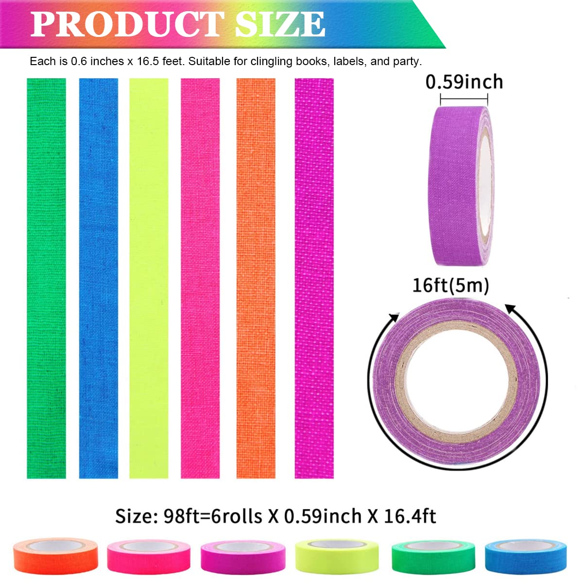 HASTHIP 6 Neon Color Tape, Glow Tape Self Adhesive Black Light Tape Sets, Fluorescent UV Reflected Blacklight Tape Glow in the Dark for Party, Marking, Party Supplies Tape, 0.6 inch x 16.5 feet