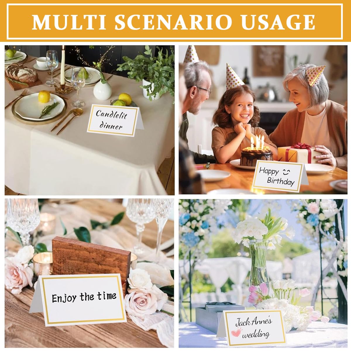 HASTHIP 100Pcs Place Cards for Table Setting Name Cards Wedding Place Cards, Bifolding Minimalist Place Cards with Gold Foil Border for Wedding, Banquets, Events, Reserved Seating, Tent, 3.5 x 2 Inch