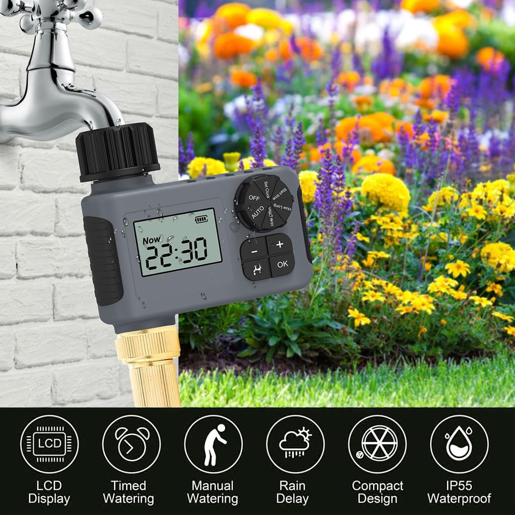 HASTHIP Drip Irrigation Timer for Garden Farm with Universal Faucet connector, Irrigation Water Timer, Easy to Use Automatic Watering System, Waterproof Digital Irrigation Timer System for Lawns