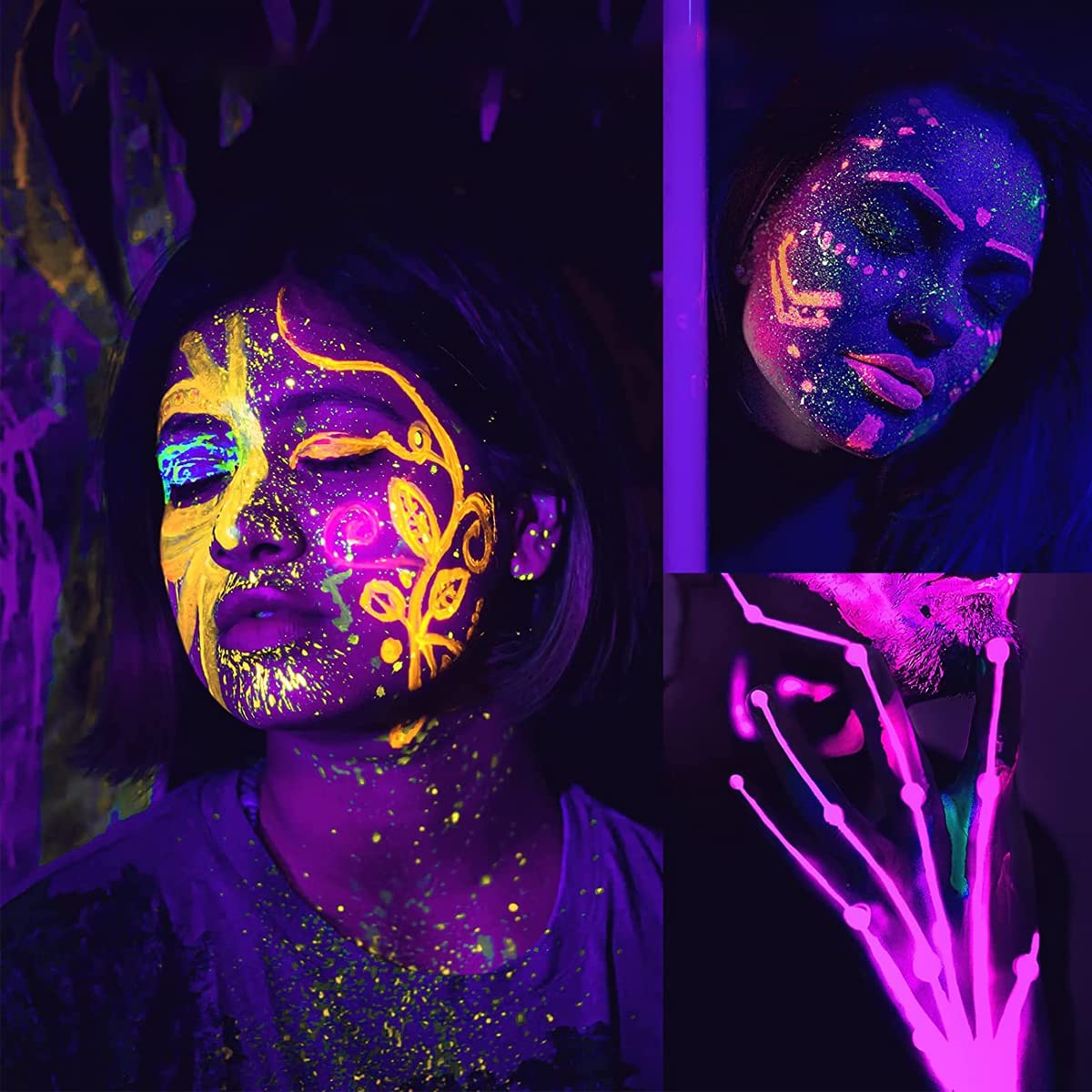 HASTHIP Face Paint Glow In The Dark Face Body Paint, 8 Neon Colors Glow In Dark Makeup Water Based Paint with Painting Brush Non-Toxic Washable for Kids Adult, Halloween Costume Masquerades