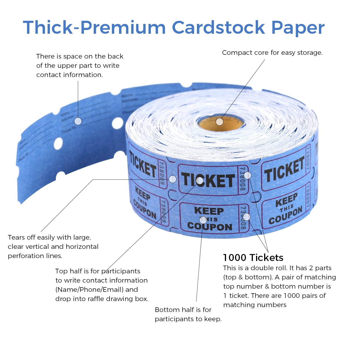Climberty 1000 Raffle Tickets - Double Roll Sequentially Numbered Raffle Tickets, Easy-Tear Perforation, Perfect for Event Party Prize Drawing Fundraisers (Blue)