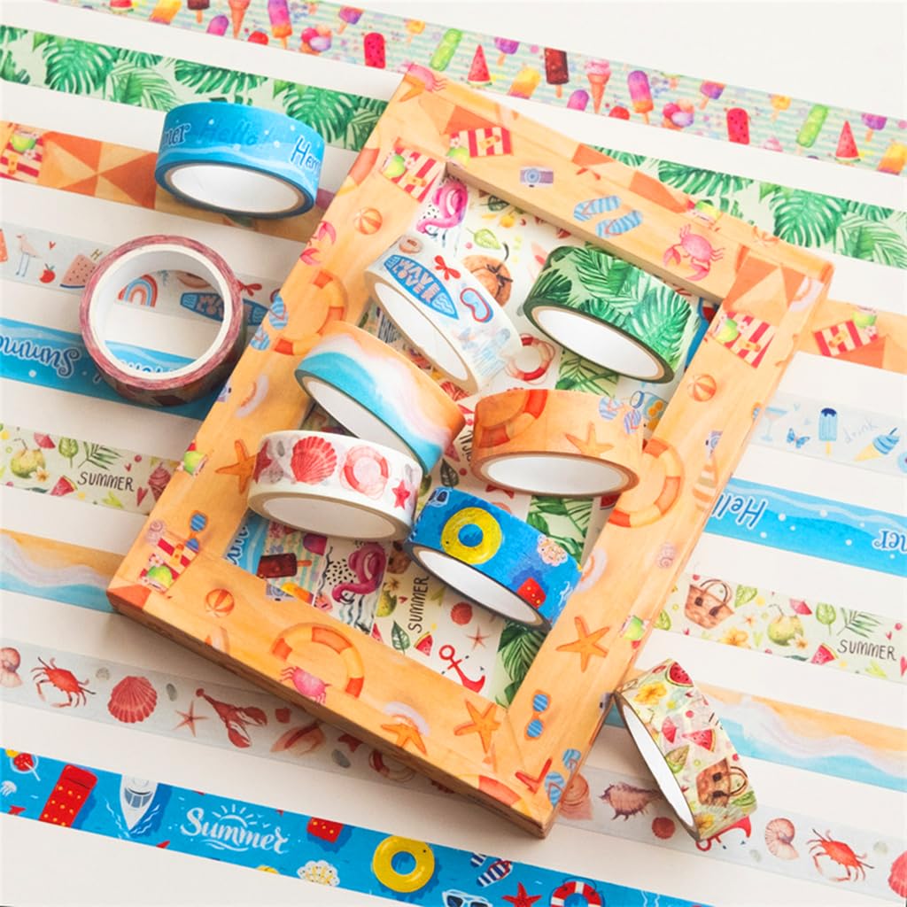 HASTHIP 10 Rolls Summer Washi Tape Set, 15mm Beach Ocean Cut Washi Masking Tape Decorative Tape for Bullet Journal, Book, Planner, Scrapbooking, DIY Arts (15mm x 5 meters Per Roll)