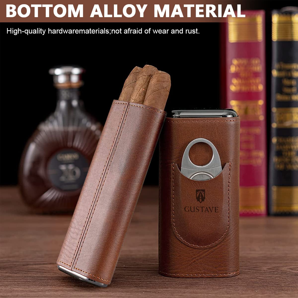 GUSTAVE Cigar Case, Holds Up to 3 Cigars, Cedar Wood Lining Travel Cigars Case, Leather Cigar Case with Stainless Steel Cigar Cutter, Cigar Gift Set for Man (2PCS)