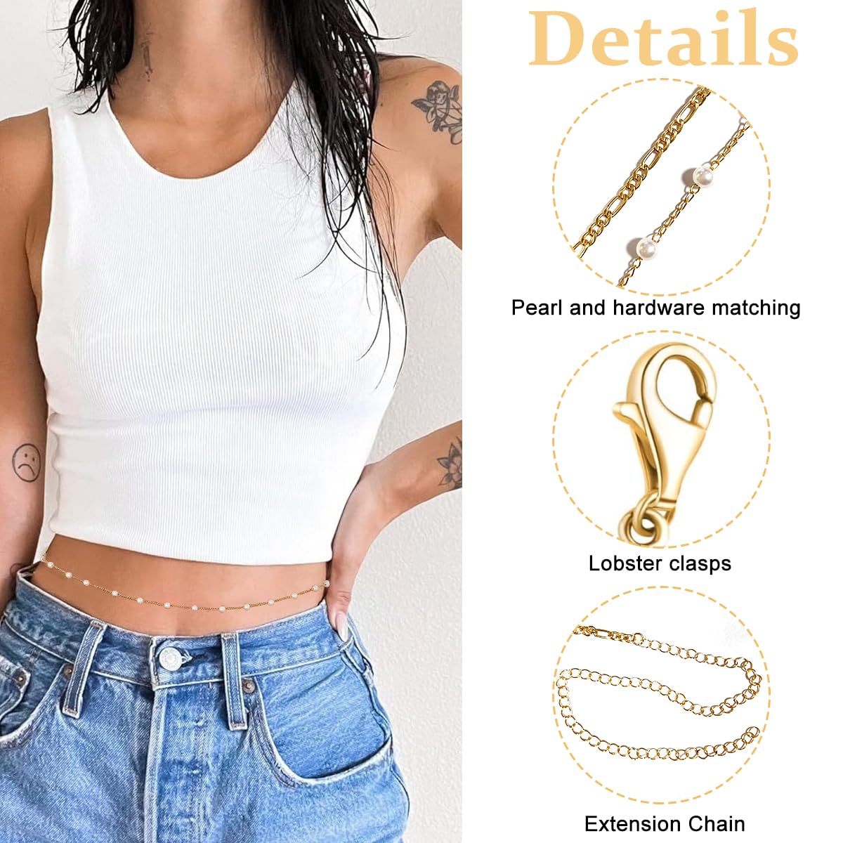PALAY 2Pcs Saree Stylish Waist Chain Golden Waist Chain Layered Pearl Waist Chain Stylish Waist Chain Waist Chain Adjustable 26-42 inches Waist Chain for Women