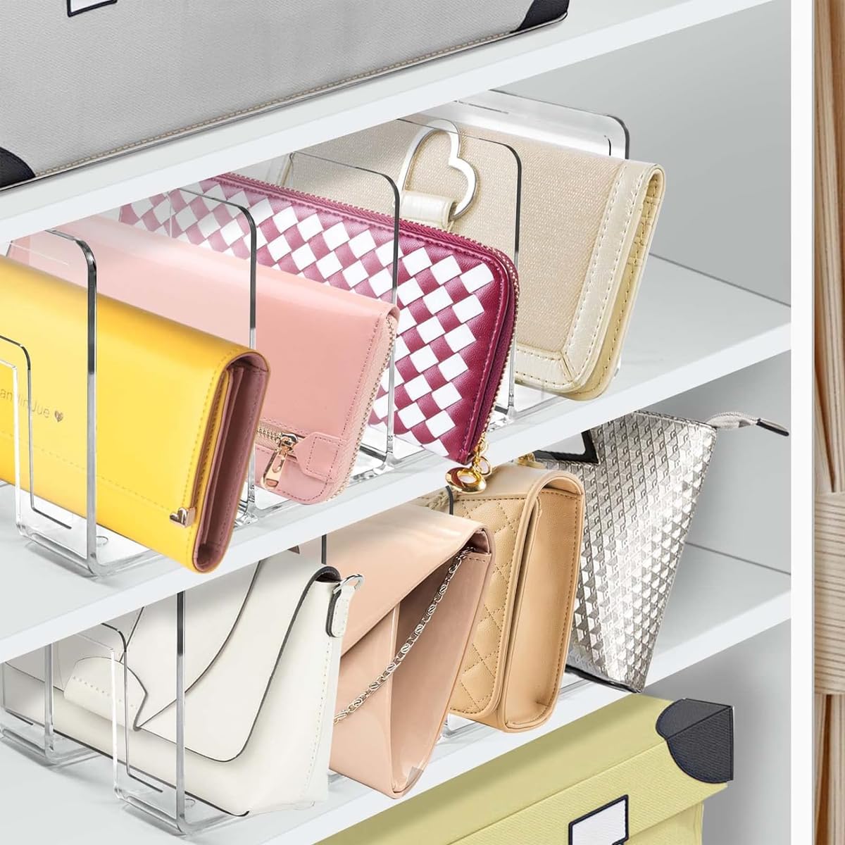 MAYCREATE 4 Sections Clear Plastic Purse Handbag Organizer, Shelf Storage for Holds Woman's Purse, Hanging Bag, Zipper Handbag, Tote, Perfect for Space Saving