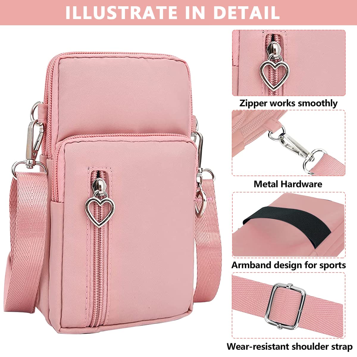 PALAY Crossbody Phone Bag for Women Mini Wallet Shoulder Crossbody Phone Bag with Earphone Cable Hole Wallet Clutch Bag for Women, Phone Bag for 7.2'' Phone, Pink