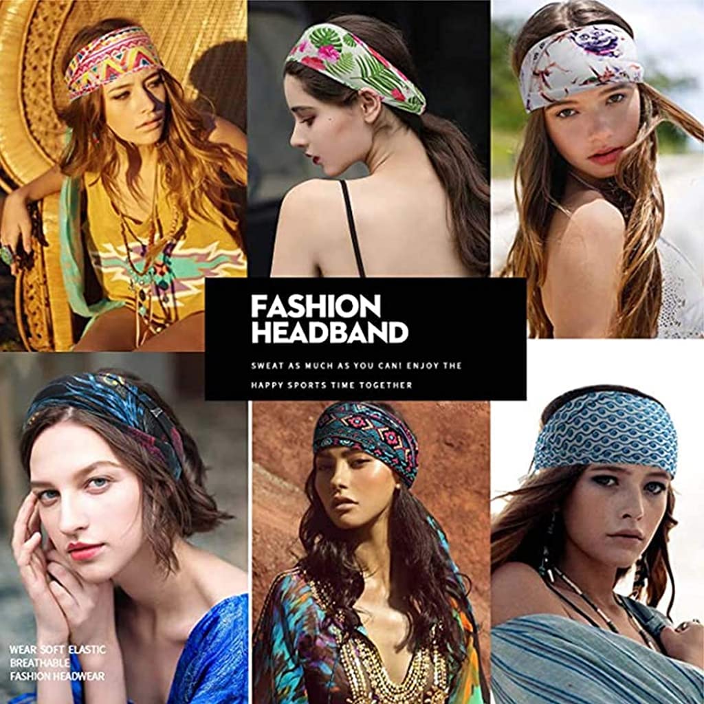 Proberos 2Pcs Gym Headbands Bohemian Headbands for Women Men, Stretch Wide Hair Bands Stylish Yoga Sweatband for Workout, Running, Tennis, Badminton, Marathons, Cycling, Black+Red+Blue