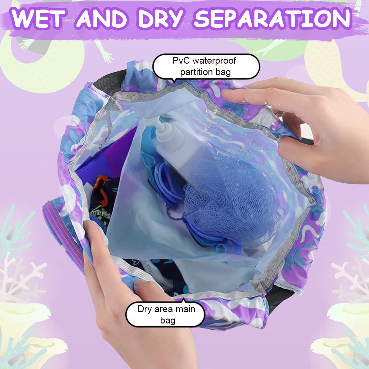 PALAY Swimming Bag for Kids Cartoon Print Shoulder Bag for Kids Large Capacity Backpack for Girls Wet Dry Separation Beach Bag Storage Bag for Clothes, Swimming Goggles