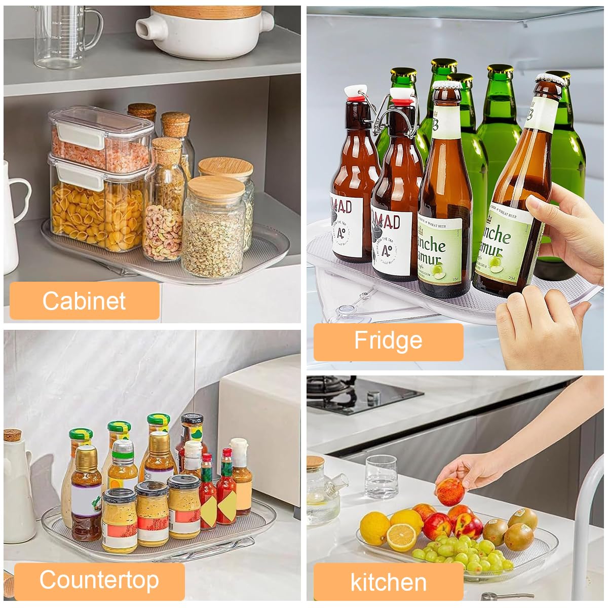 Supvox Lazy Susan Rotating Organizer for Refrigerator, 15.67'' Clear Rectangular Fridge Organizer Storage, Suction Cup Design Fridge Organizer Tray for Cabinet, Table, Pantry, Kitchen, Countertop