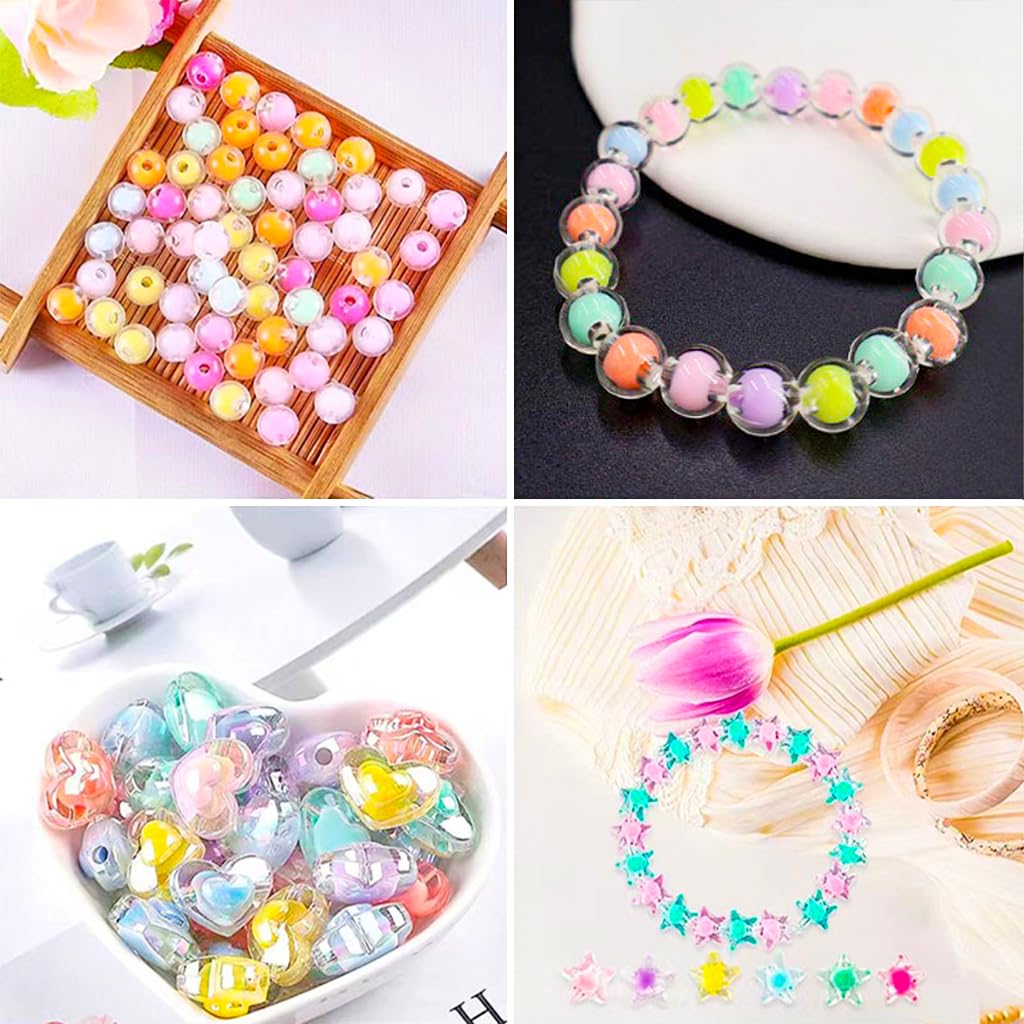 SANNIDHI 174pcs Acrylic Beads for Jewellery Making Kit, Macaron Color Crystal Beads for Bracelet Making, Double Layer Star Heart Flower Round Cute Aesthetic Beads for DIY Hair Ties
