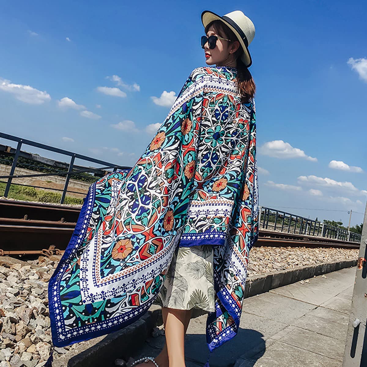 PALAY Satin Silk-Feel Scarf for Women Stylish Large Shawl Wraps For Evening Dresses, Soft Print Travel Scarf, Multi-Use Sun Protection Exotic Beach Coverups - 180 * 90cm
