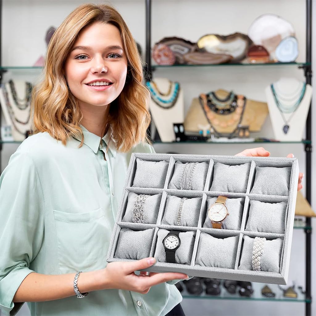 MAYCREATE Velvet Watch Box Organizer with 12 Slots of Watches for Men and Women Watch Case Box Tray Bracelet Bangle Organizer Watch Storage Box Organizer with Adjustable Pillow