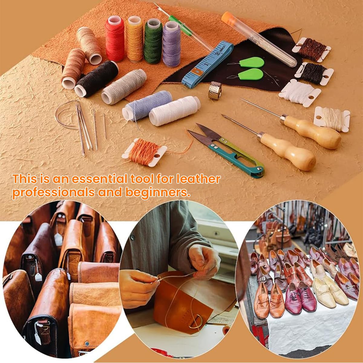 HASTHIP 59 Pcs Leather Sewing Kit, Leather Needles for Hand Sewing, Heavy Duty Sewing Upholstery Repair Kit Waxed Thread Large-Eye Stitching Needles for Carseat Backpack Carpet Boots Shoes Sofa