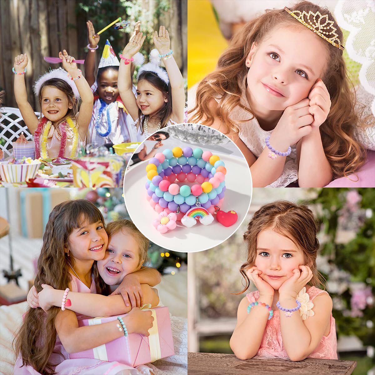 SANNIDHI 6pcs Beads Bracelet for Girls Women, Kids Acrylic Friendship Bracelet Set, Elastic Cute Rainbow Jewelry, Flower Heart Charms Beaded Bracelets Party Princess Dress Up Gifts