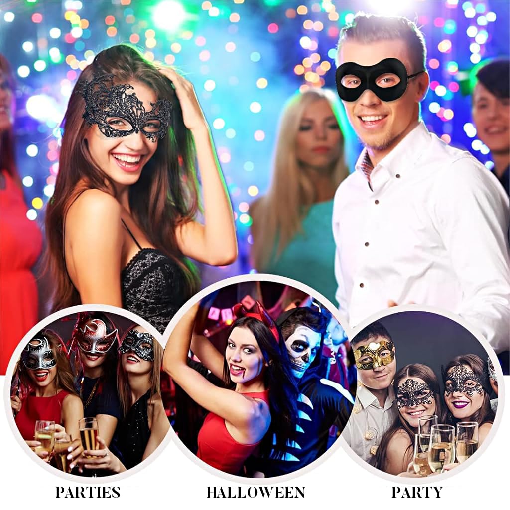 PATPAT Couple Masquerade Masks Set of 2Pcs Luxury Hollow Out Lace Tie Back Eye Mask & Men Venetian Masquerade Mask Black Golden Masquerade Masks Set Dance Ball Masquerade Masks for Men Women