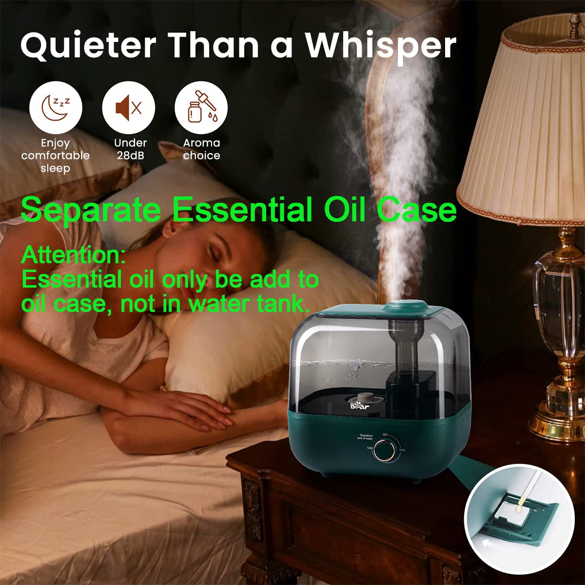 Bear 5L Humidifier for Room Moisture Essential Oil Allow 28dB Silent Humidifier for Plants Household Top Filling Ultrasonic Cool Mist Desktop Humidifier with 360° Steam Nozzle & Stepless Mist Adjust