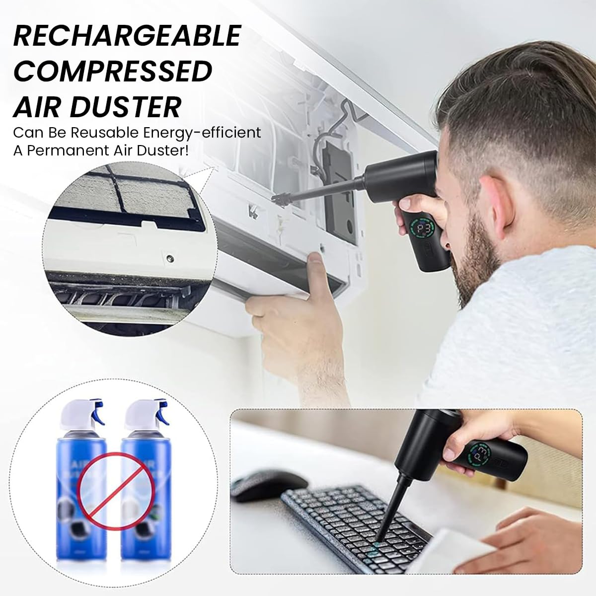 ZORBES Electric Dust Blower, Wireless Air Duster Car Vacuum Cleaner, 2 in 1 Electric Air Blower with LCD Digital Display, 120W USB Cordless Air Blower with LED and Interchangeable Nozzles for Home, Computer