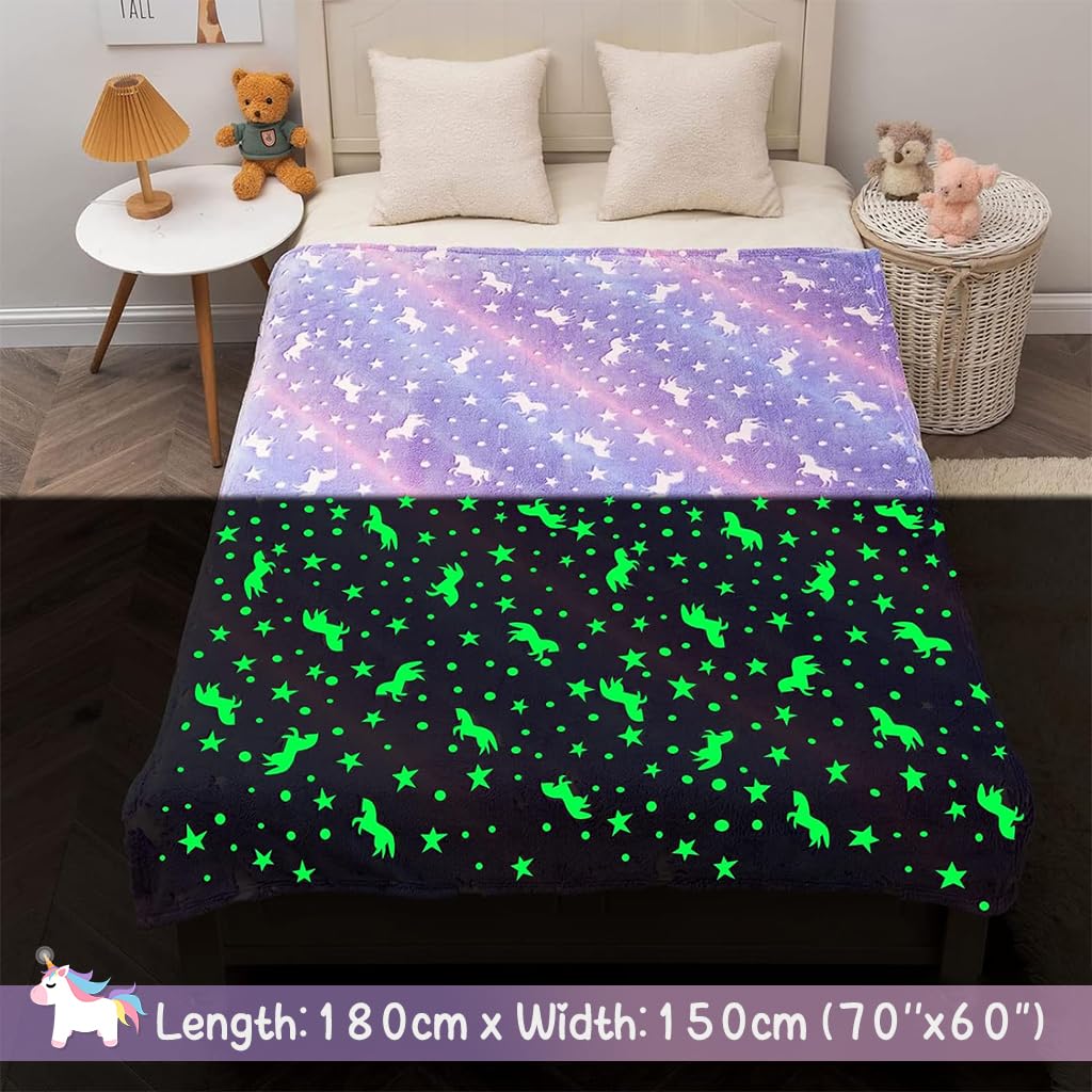 ZIBUYU Winter Blanket for Kids Girls Flannel Blanket Warm Soft Night Glow in Dark Furry Safe Luminous Unicorn AC Blanket for Boys & Girls (70 x 60 inch) - Purple