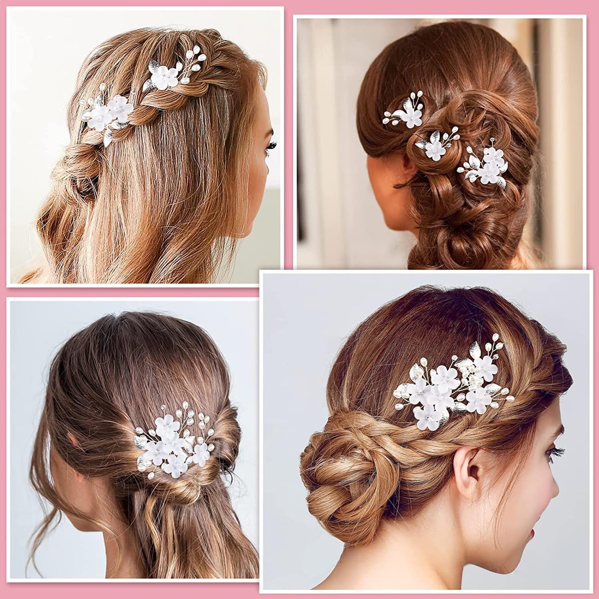 SANNIDHI 5pcs Wedding Hair Pins for Women Stylish Flower Bride Hair Accessories, Faux Pearl Bride Hair Bun Accessories for Women, Silver Leaf Bridal Hair Pins for Women Girls Bridesmaids