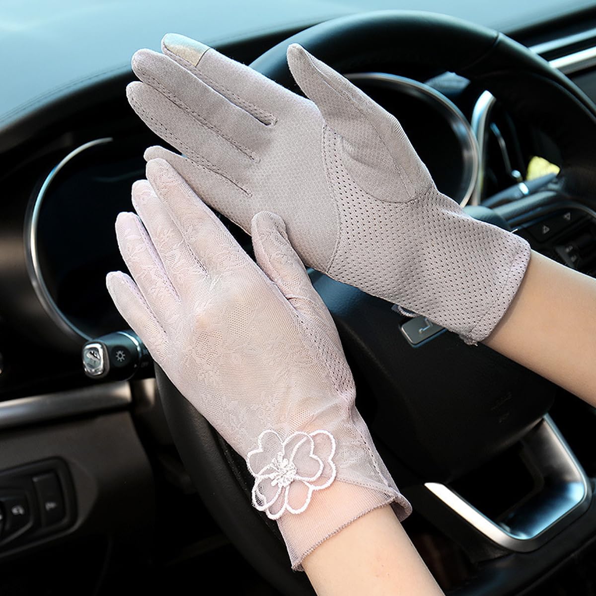 PALAY Sun Protection Gloves for Women Stylish Flower Lace Hand Gloves for Bike Touch Screen Breathable Gloves Grey Summer Cool Silk-Feel for Golfing Fishing - 1 Pair, Non-Slip Design