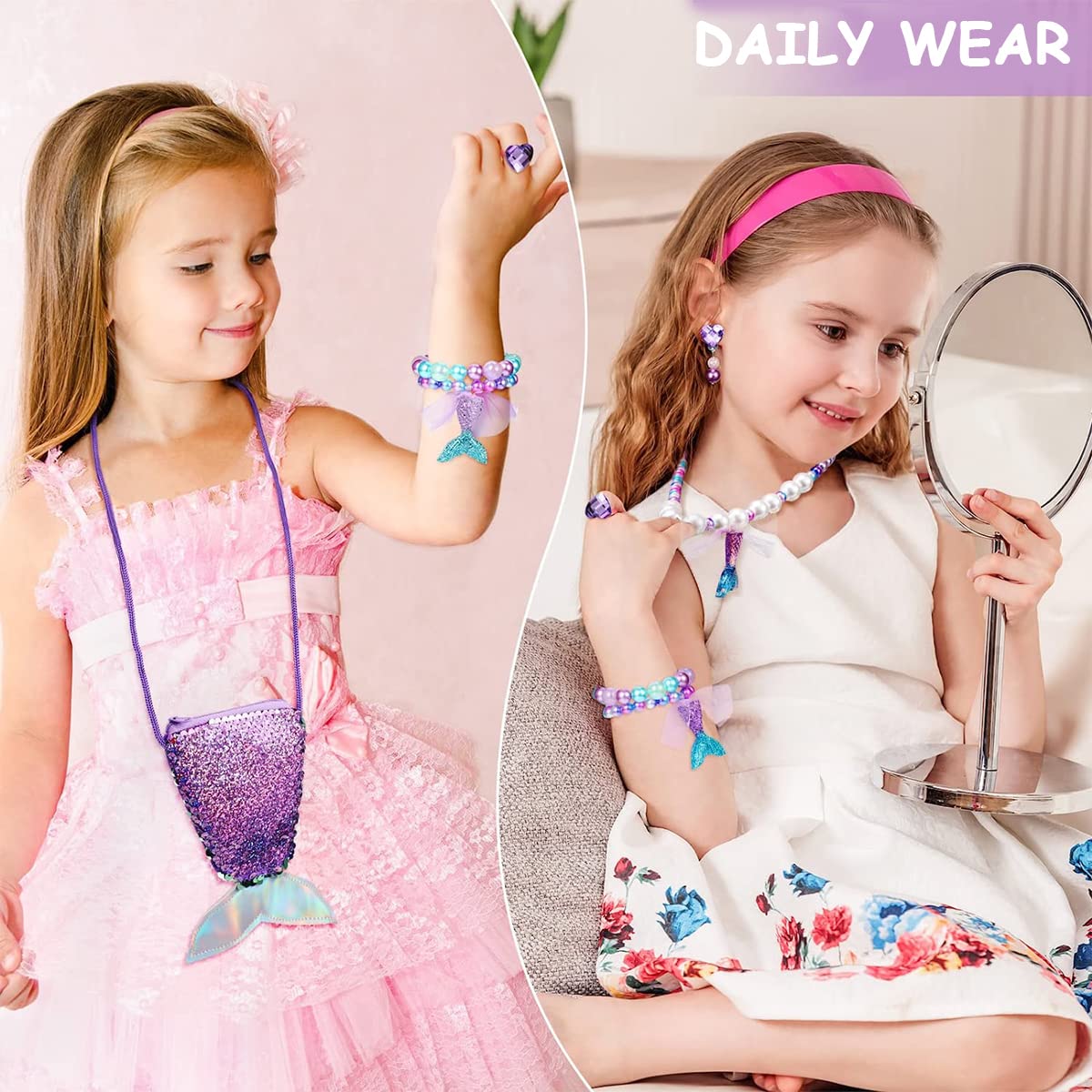 ZIBUYU Cute Pearl Necklace Bracelet Set for Girls Included Sling Bag,Hair Bow Ring Earrings,Mermaid Princess Jewelry Kit for Theme Party,Dress Up Christmas Gift
