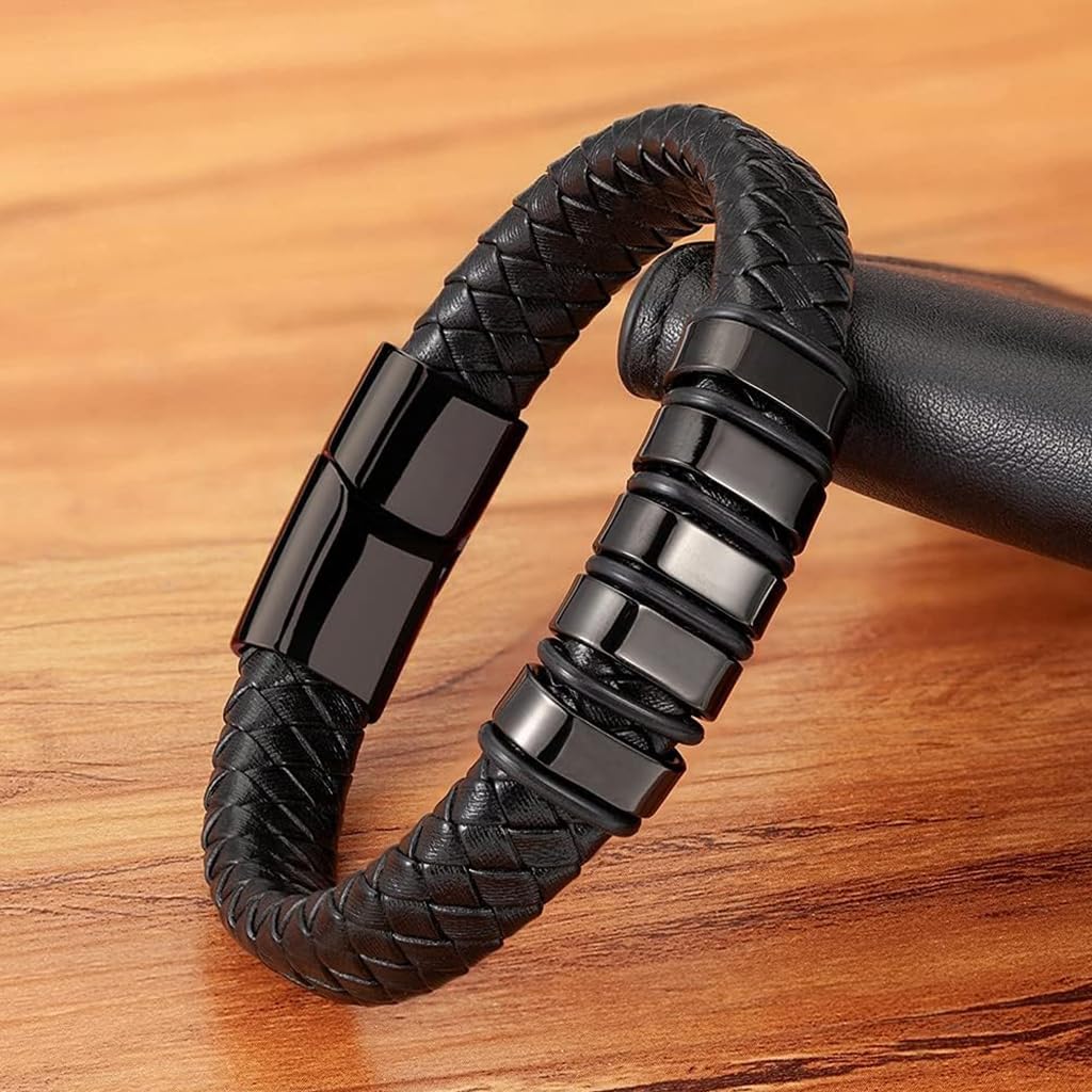 GUSTAVE Leather Bracelet for Men - Fashion Braided Wristband with Magnetic Closure - Versatile and Durable - Elegant Design for Casual and Formal Outfits, Gifts for Men