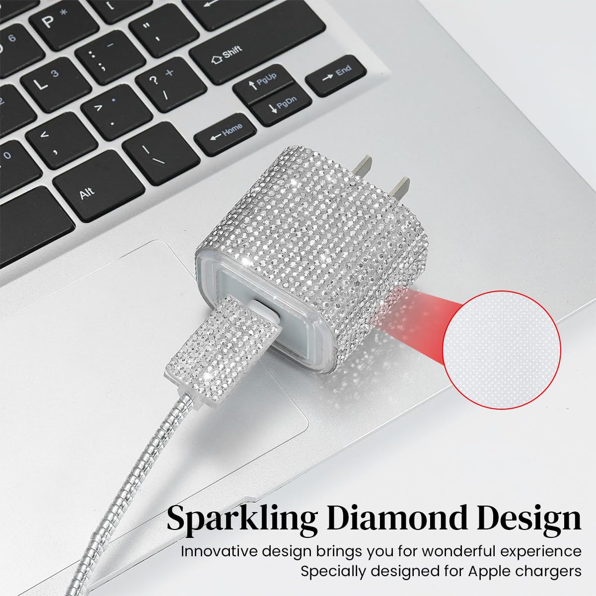 Verilux Set of 3 Fashion Rhinestone Charger Protector Skin Cover & Charging Cable Protector for iPhone 15 20W, Anti-Scratch Charger Adapter Protector Charging Cable Sleeve, for iPhone Accessories