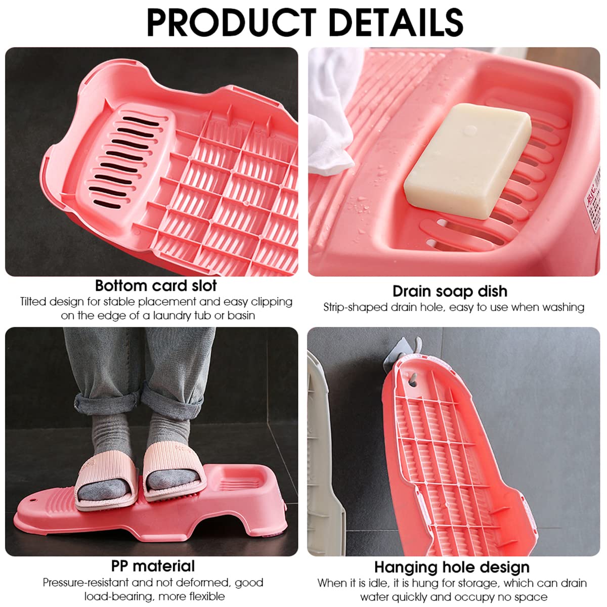 HASTHIP Washboard for Washing Clothes Anti-Slip Hand Wash Board with Soap Holder Clothes scrubbing tub Pad Hangable Laundry Board for Underwear Kid Clothes 44 * 21cm (Pink)
