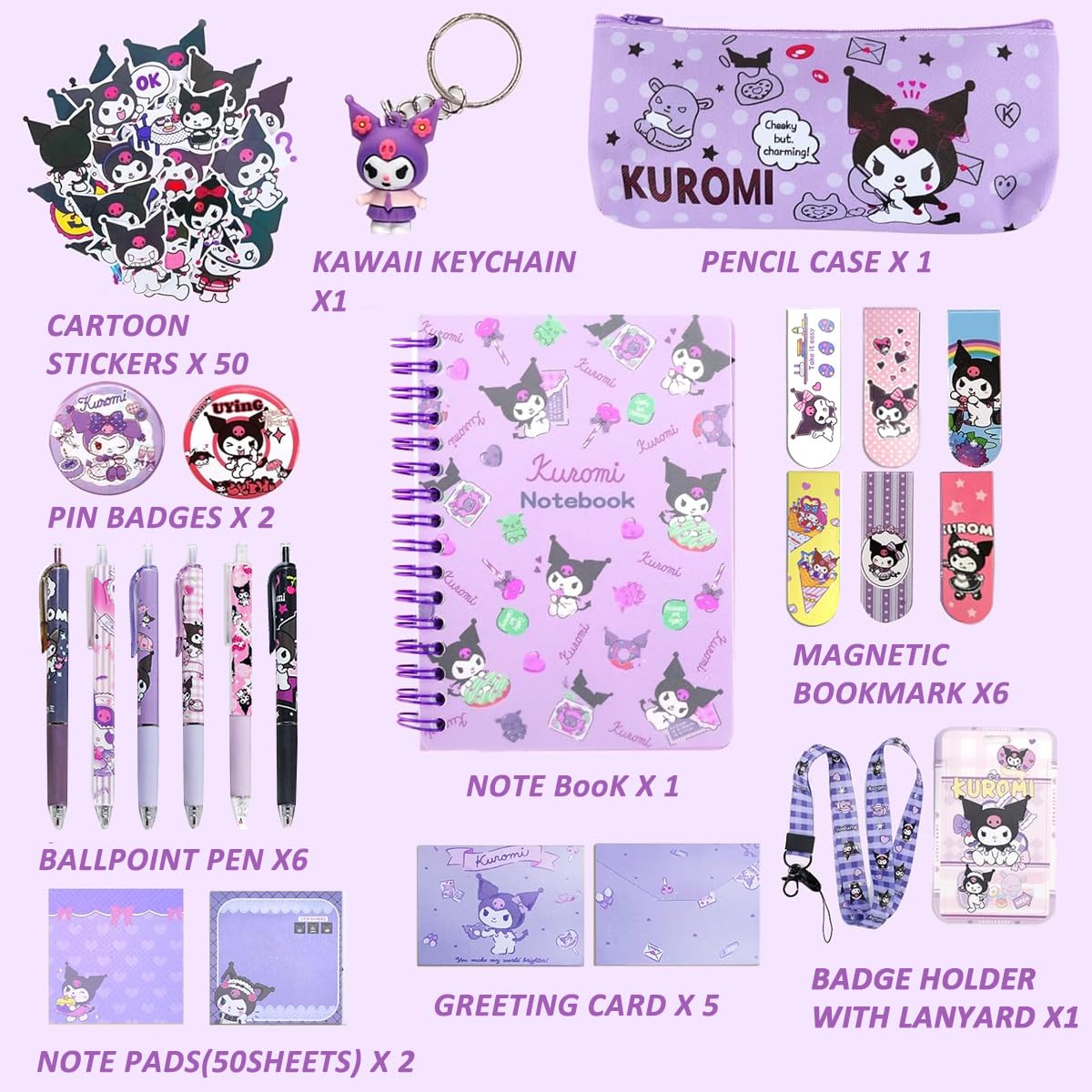 HASTHIP 23Pcs Kawaii Kuromi School Supplies Set, Kawaii Stationeries Set with Notebook Pencil Pouch, Click Pens, Card Holder, Book Markers, 50Pcs Kuromi Stickers, Note Stickers, Girls School Gift Set