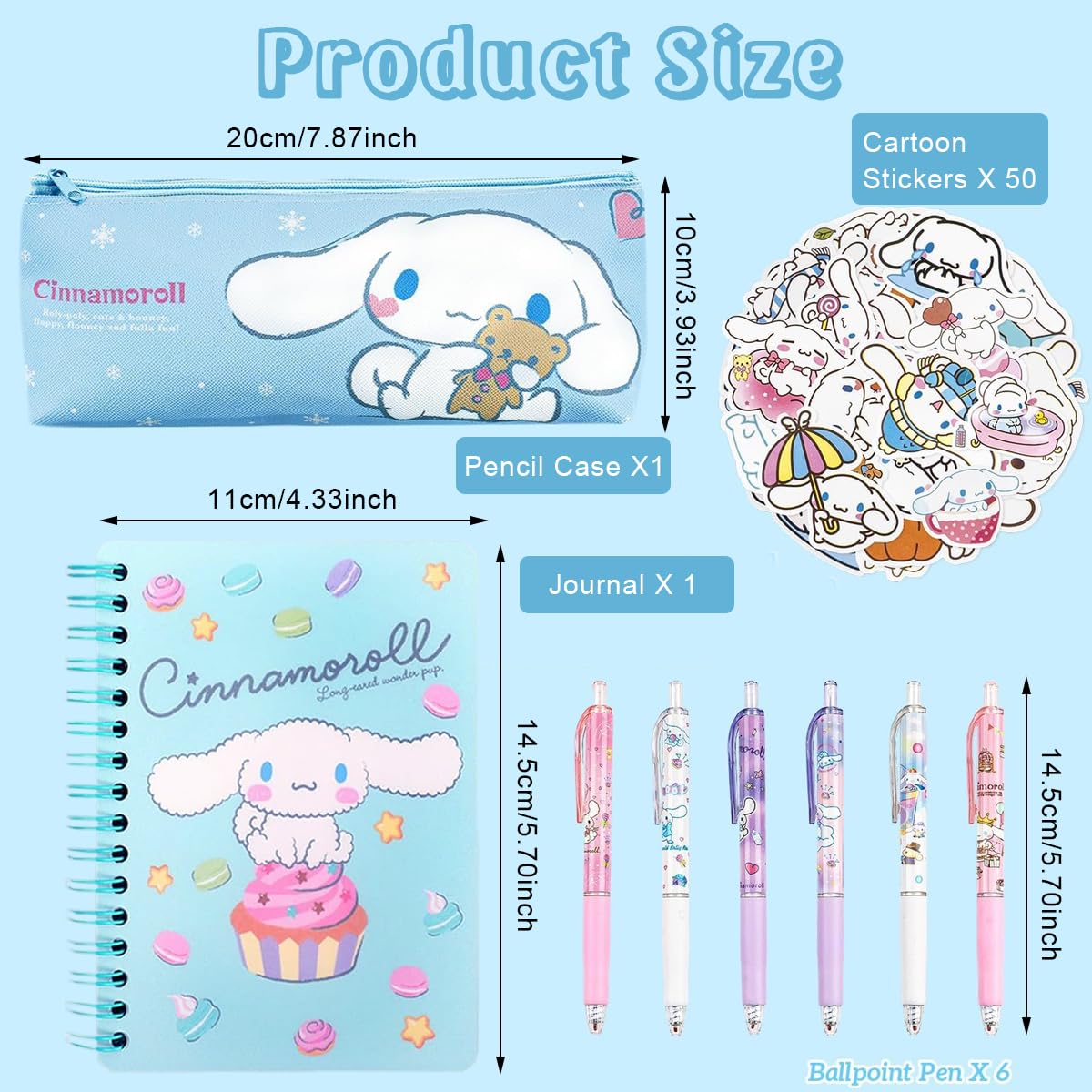 HASTHIP 9Pcs Kawaii Cinnamoroll School Supplies Set, Kawaii Stationeries Supplies Set with Notebook, Pencil Pouch, Click Pens, Assorted Cinnamoroll Cartooon Stickers, Girls School Gift Set