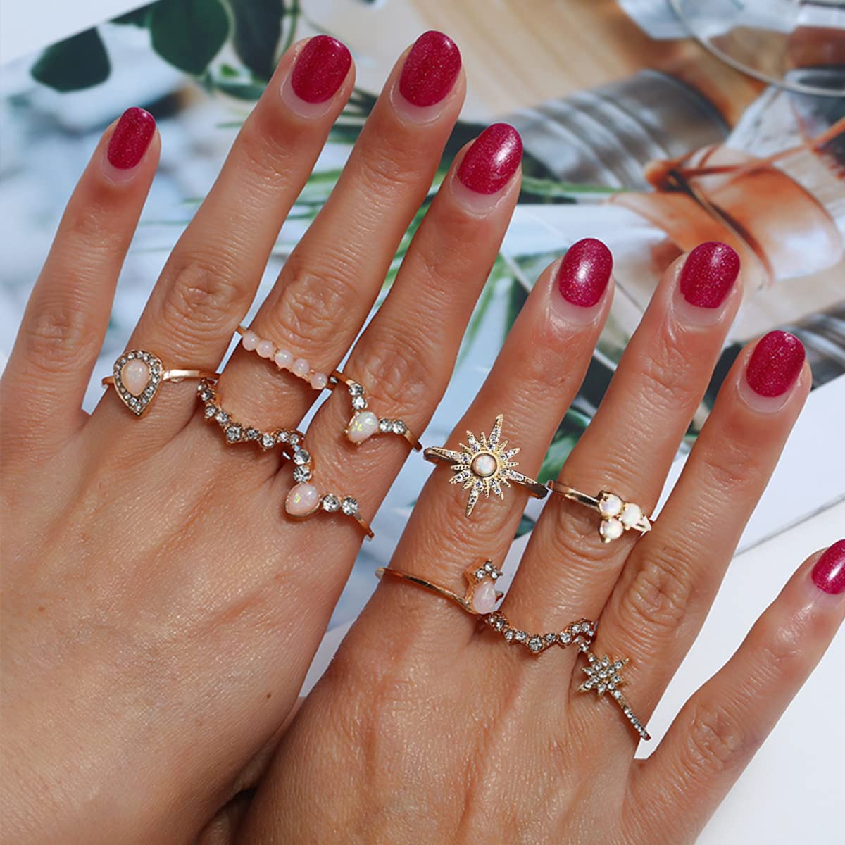 SANNIDHI 10 Pcs Vintage Knuckle Rings for Women Teen Girls, Fashion Combo Stackable Boho Finger Rings Golden-Plating Rhinestone Pearl Index Middle Finger Rings Set Gift