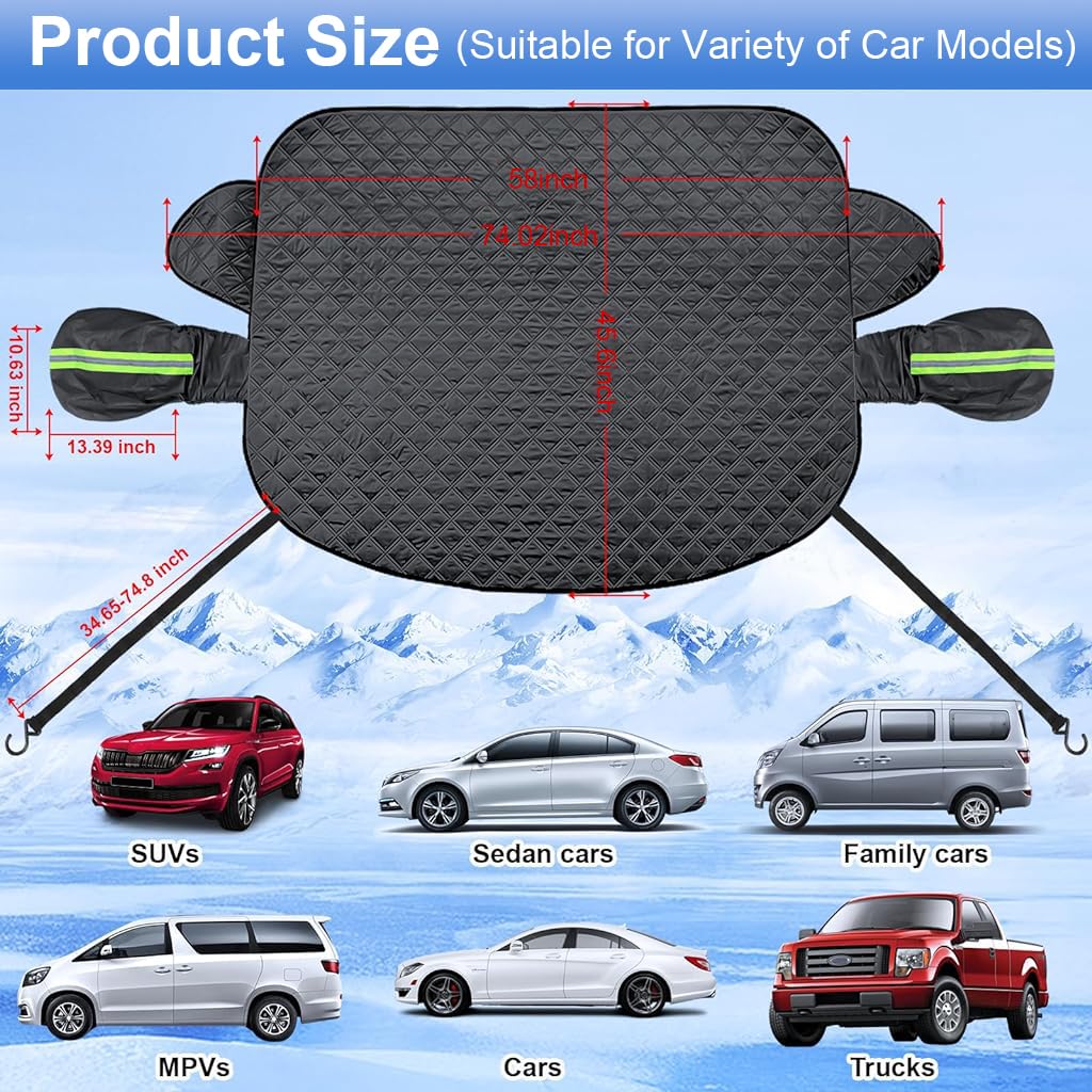 STHIRA Car Windshield Cover Multi-layer Thicken Windshield Snow Cover with Rearview Mirror Cover & Fixing Hooks Safe Magnetic Windshield Cover Car Windshield Cover for SUV, Vans, 58'' x 45.6''