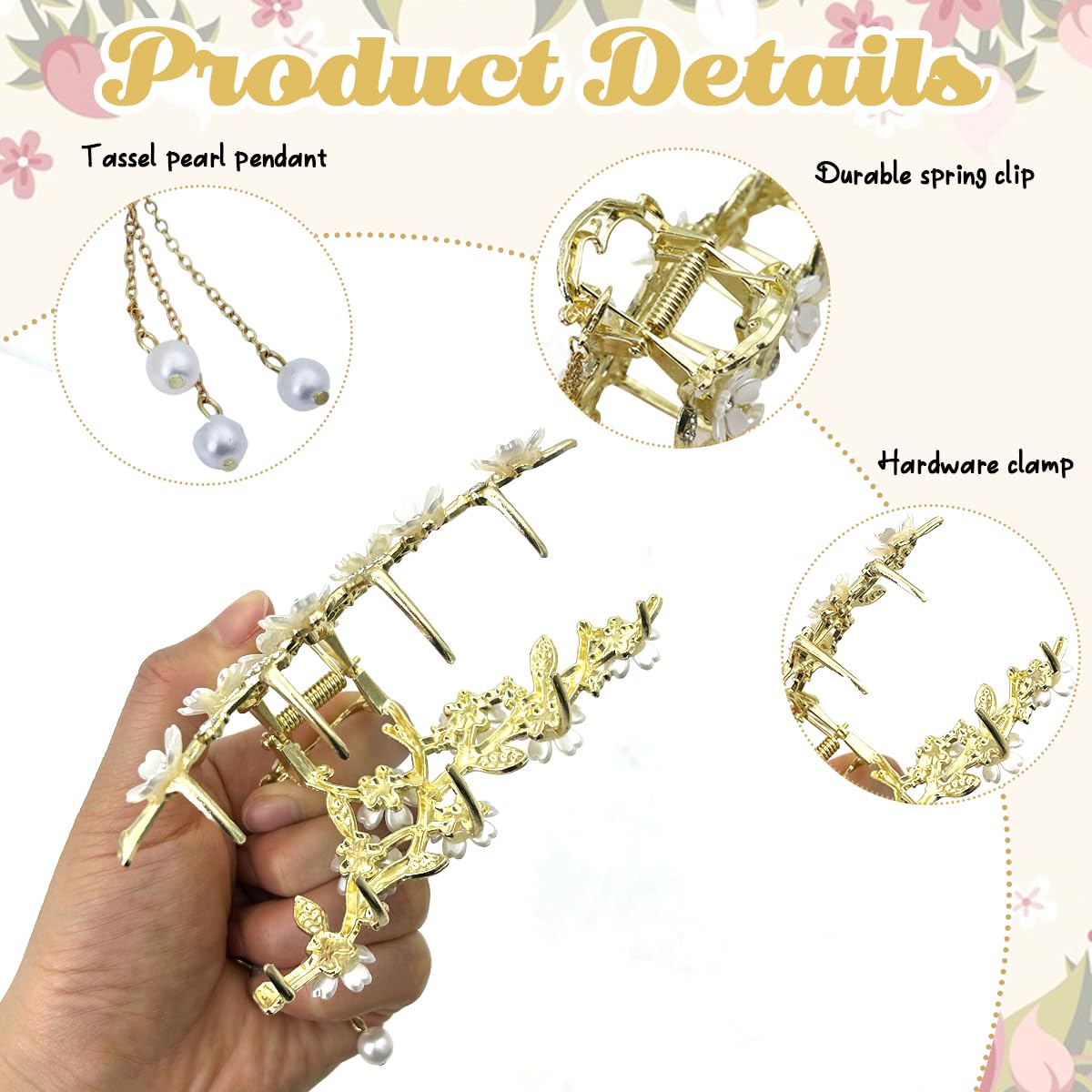 PALAY Big Hair Claw Clips for Women Jasmine Flower Claw Clip for Hair Stylish Tassel Rhinestone Updo Hair Clip French Large Metal Strong Hold Hair Jaw Clips
