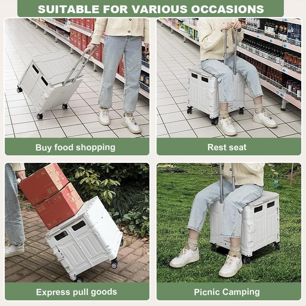 HASTHIP Folding Trolley Portable Grocery Cart Home Utlity Cart Moving Storage Box 36.61 inches Adjustable Metal Pull Handle Outdoor Rugged Trolley for Camping, Shopping, 43.5x44x43.5 inches