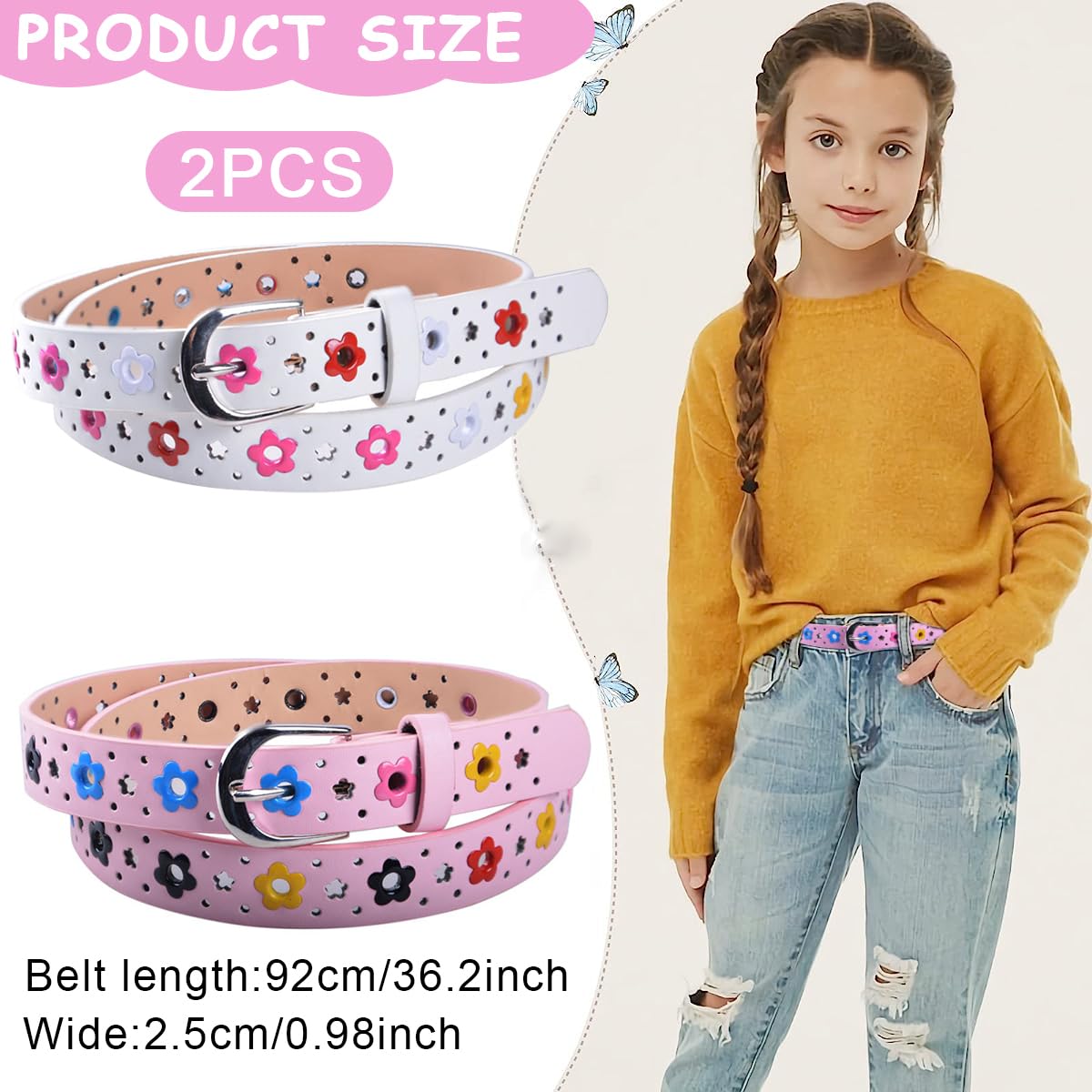 PALAY 2 Pack Belt for Girls, Stylish PU Leather Girls Belt, Flower Hollow Cut Waist Belt for Jeans Pants Dress for Kids Girl 6-12 Years Old