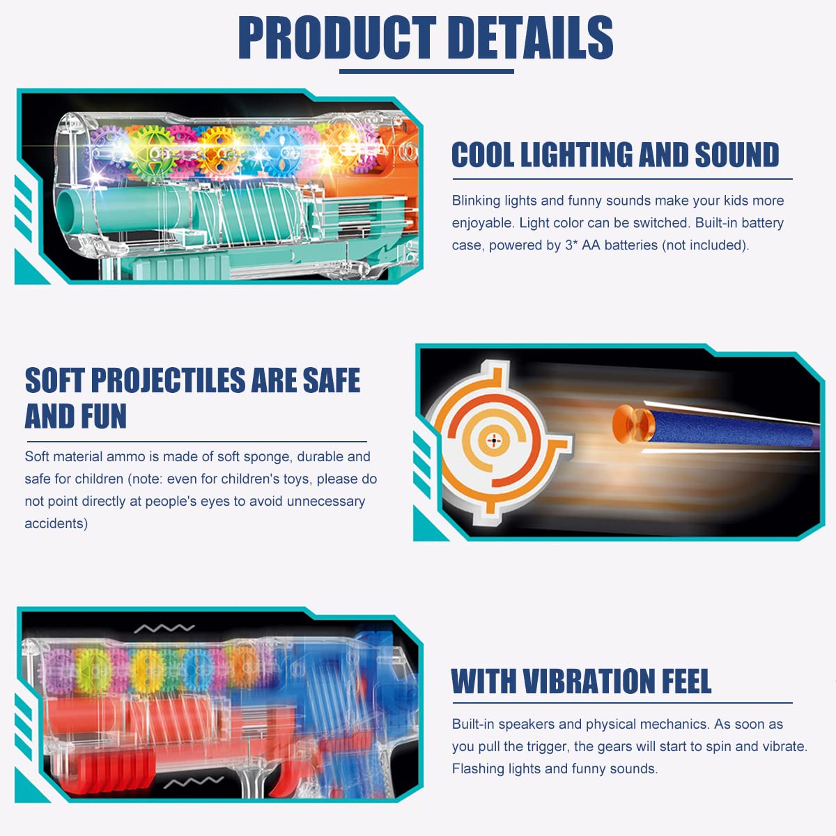 PATPAT Musical Toys for Kids,Transparent 3D Gear Simulation Mechanical Gun Toys with 5pcs Soft Ammunition,LED Flashing Lights and Sound Toys for Kids Boys Girls,Birthday Christmas Gift - Blue