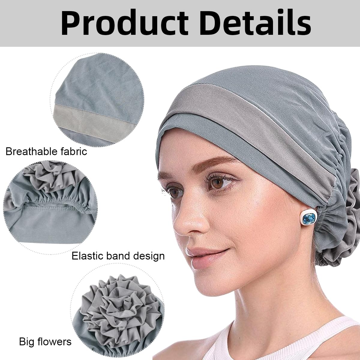 PALAY Chemo Caps for Women Cotton Stretchy Turban Cap Headwear Head Wrap Flower Skull Cap for Women Cancer Beanie Head Coverings - Grey
