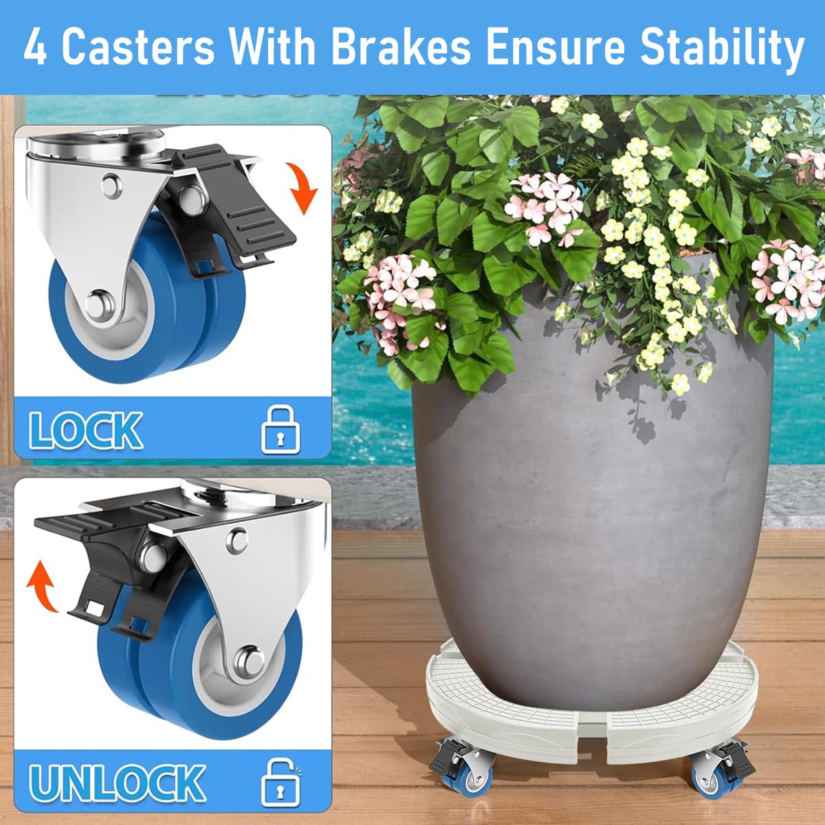 Serplex® Caster Wheel Round Tray 4-Wheel Mobile Large Plant Pot Stand Gas Bottle Mobile Stand with Brakers 15-20 inches Dia Adjustable Round Mobile Stand Tray for Flower Pot, Small Furniture, Gas Tank
