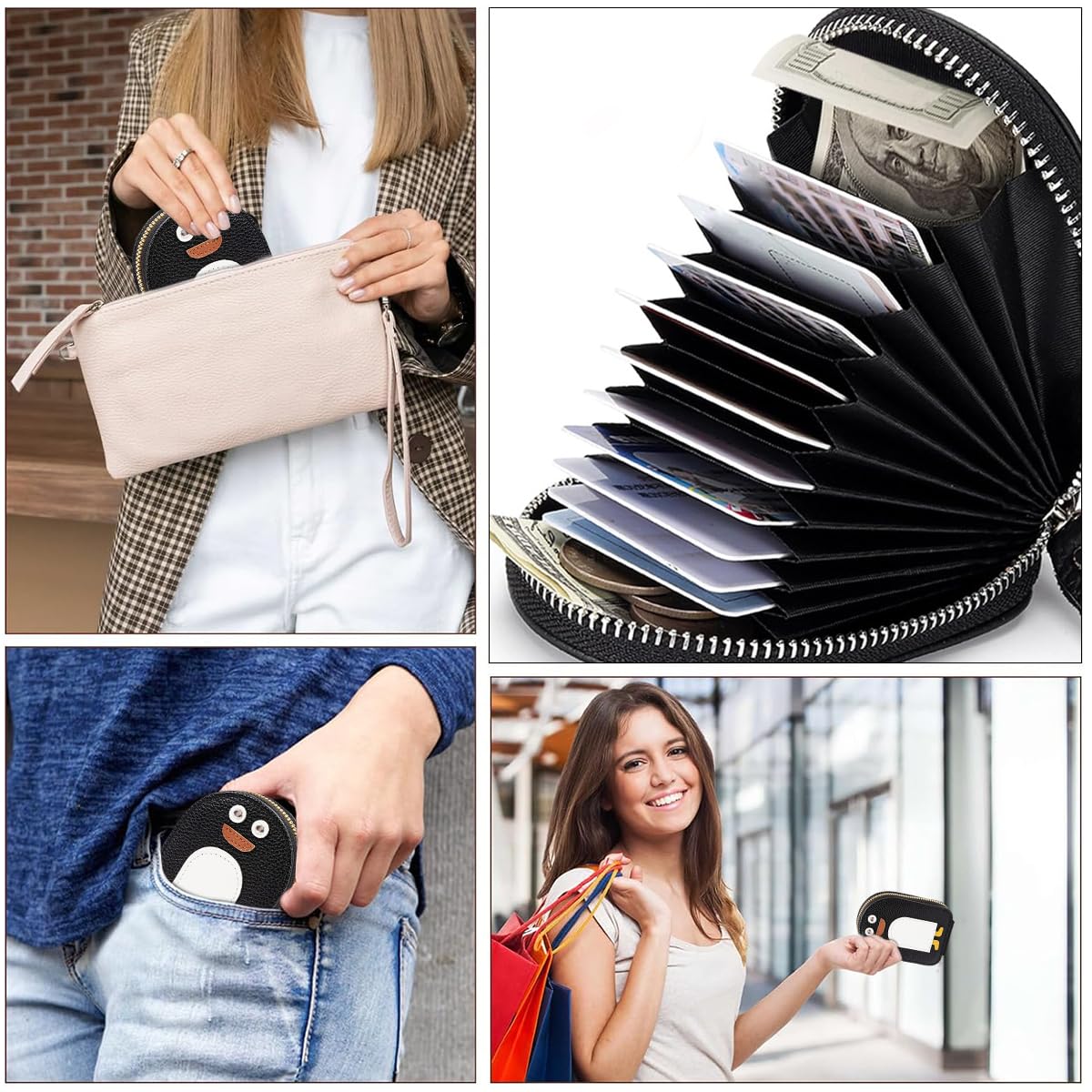 PALAY Girls Card Bag Travel Card Holder with 10 Compartments Wallet Organizer Bag Zipper Pouch PU Cartoon Penguin Zipper Card Bag RFID Blocking Travel Card Holder