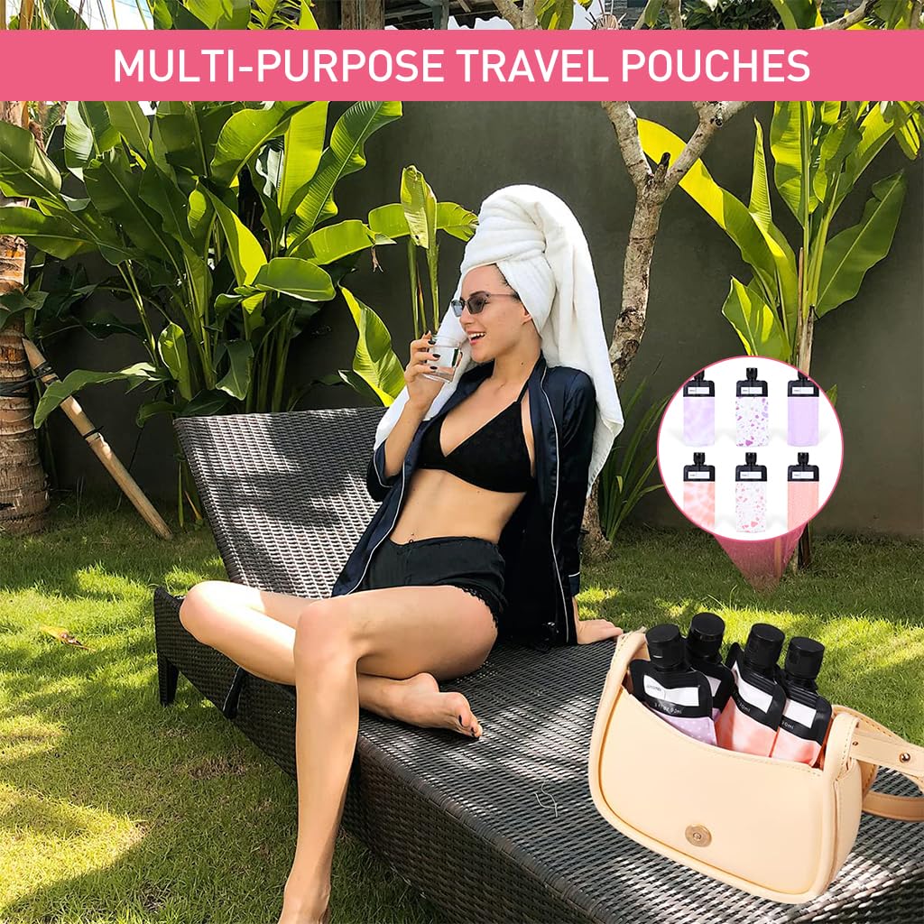 MAYCREATE 6Pcs Travel Bags 90ml Lotion Dispenser Travel Pouches Leak Proof Empty Squeezeable Pouches with Content Labels Refillable Toiletries Travel Pouches for Lotion Shampoo Cream Essential Oil
