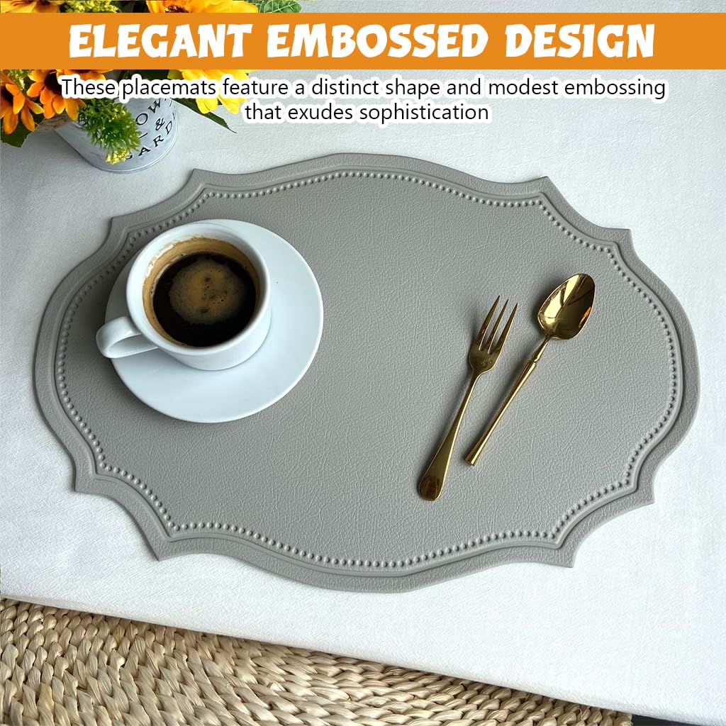 Supvox PU Placemats Set of 6 Vintage Minimalism Embossing PU Insulation Placemats Anti-slip Dining Placemats Oil-proof PU Leather Placemats for Kitchen Coffee Dining Room Table