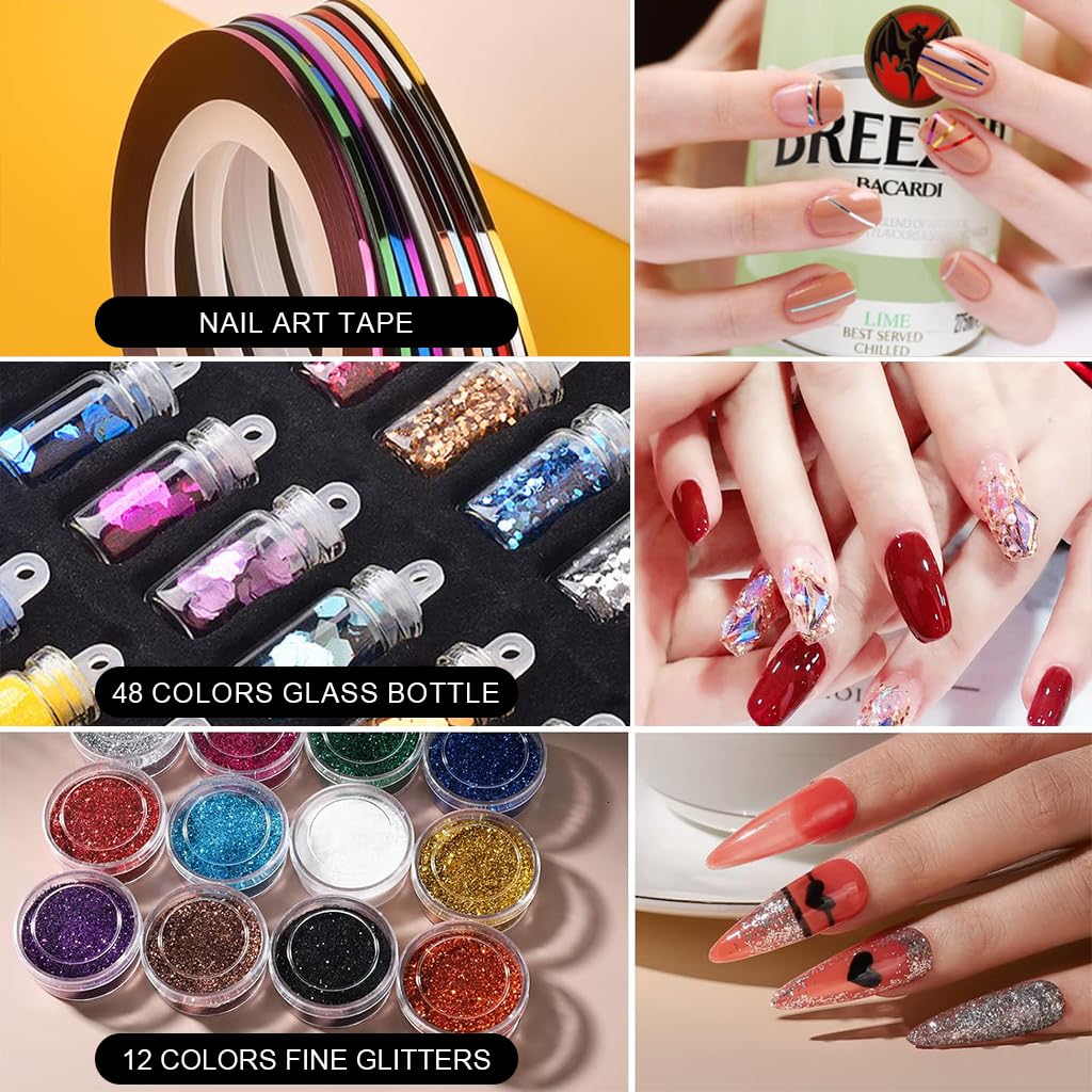 MAYCREATE Nail Art Supplies Tool Kit with 15Pcs Nail Art Fine Detail Brushes 10-Color Striping Tapes Metallic Foils Glitters Nail Decals Stickers Dotting Tools DIY Nail Art Supplies for Nail Salon