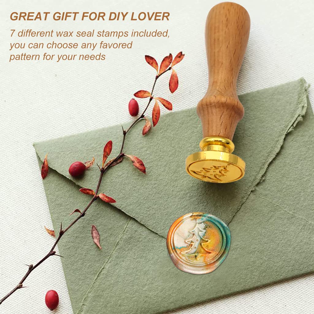 HASTHIP 7Pcs Sealing Wax Stamps Kit Gift Box Set,Copper Seals plus 1 Wooden Wax Seal Stamp Handle for Cards Envelopes and Gift Packaging