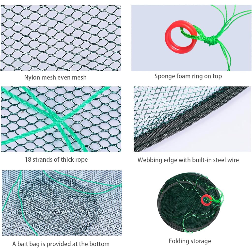 Proberos Foldable Fishing Net, 39 Inches Wide Open Hand Casting Cage Crab Net, Fishing Basket, Sturdy Nylon Mesh Fishing Net for Shrimps, Crab, Lobsters, Fishes