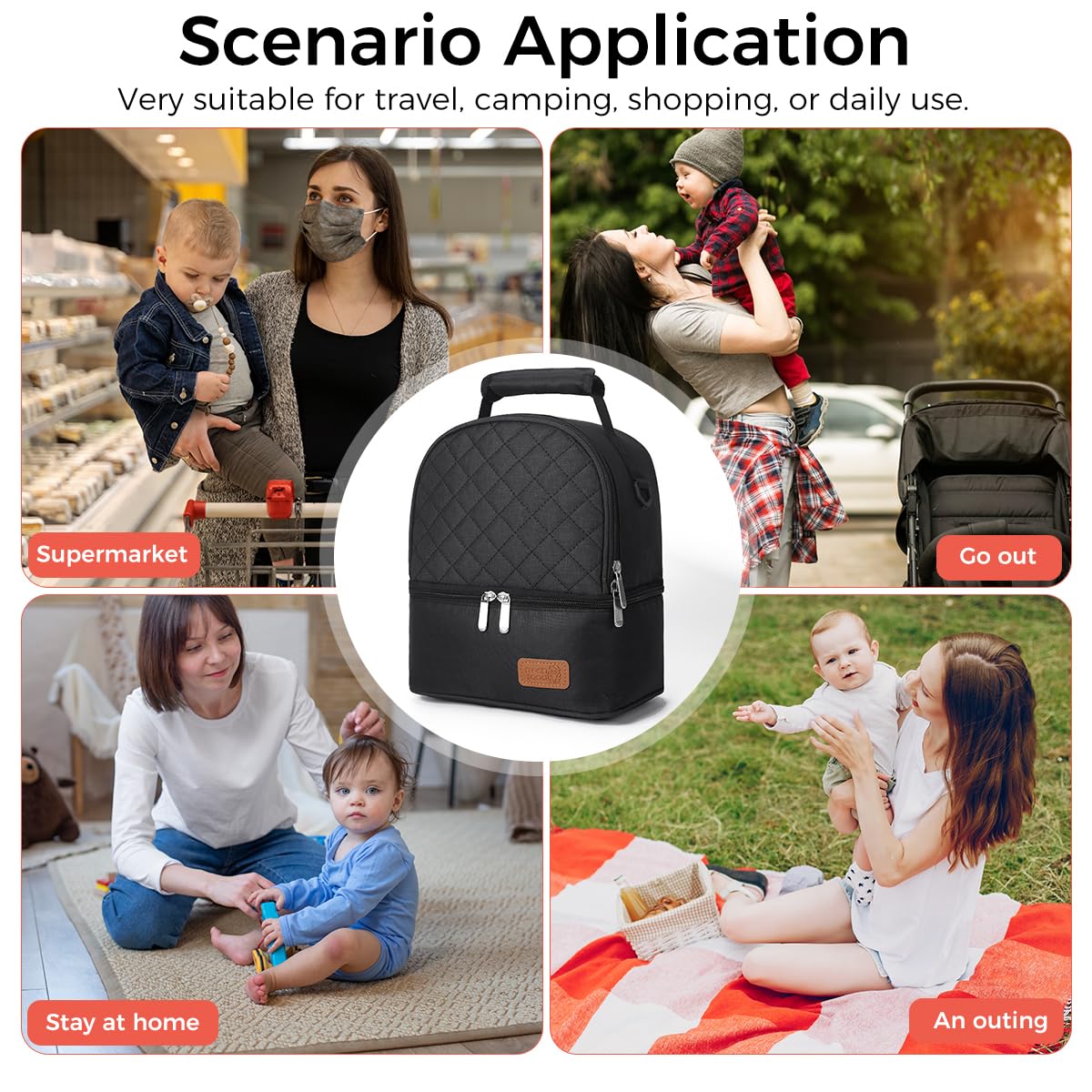 ZIBUYU Breastmilk Storage Bag with Ice Pack, Double Layer Breastmilk Warmer Insulated Bag with Strap, Fits 6 Ounces Bottles, Waterproof Breast Mommy Diaper Backpack Bento Box Backpack, Black